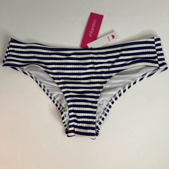 xhilaration Bathing Swim Suit Bottoms Navy and Milk Stripes Cheeky Shirred Back - Picture 2 of 5